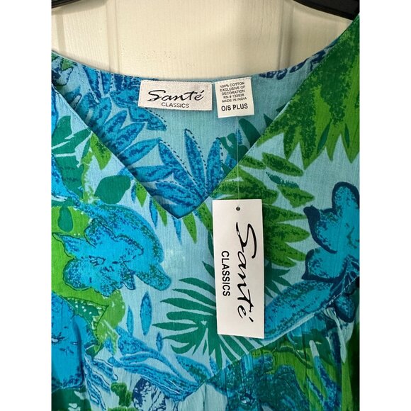 New Sante Classics O/S Plus Womens Blue Floral Tropical Print Tunic Dress Cotton - Picture 2 of 6